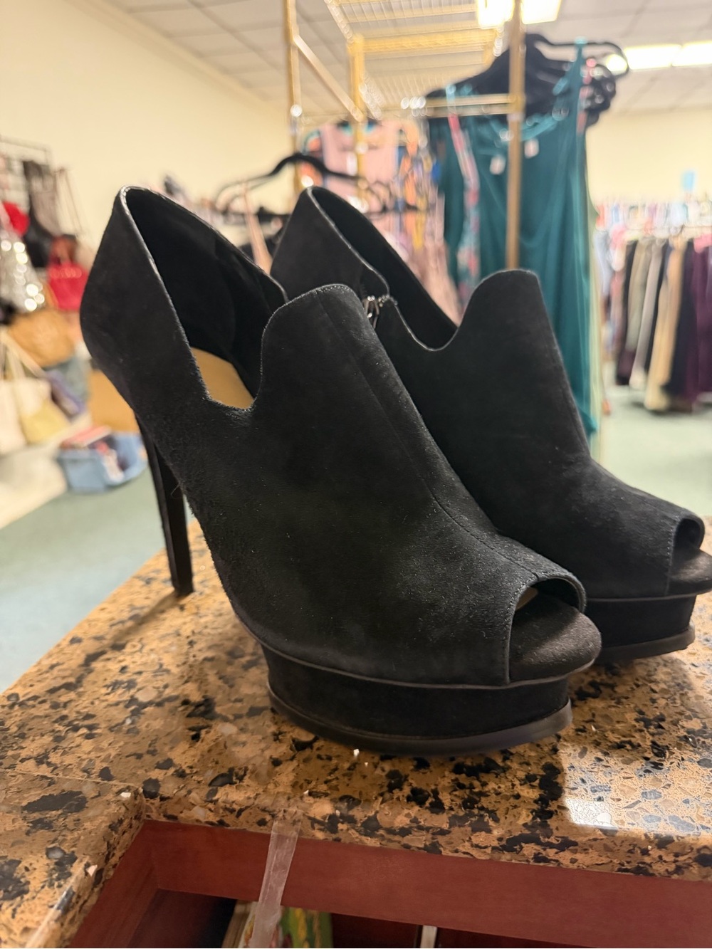 Gianni Bini Black Suede Peep-Toe Platform Stiletto Heels